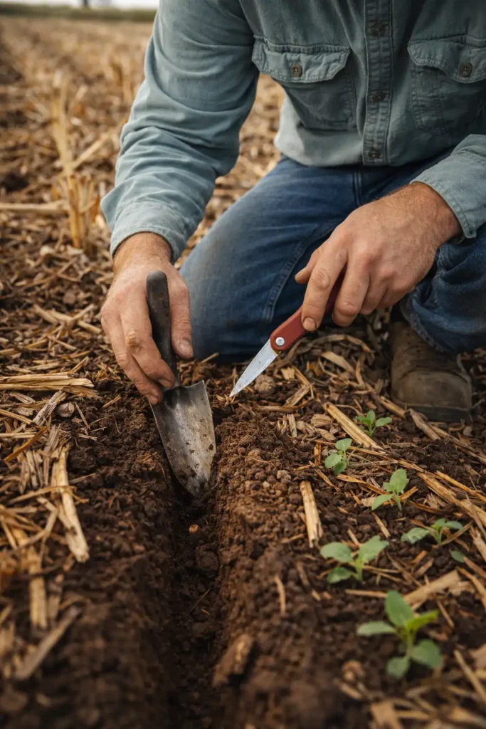 farmer digging seed trench to check emergence