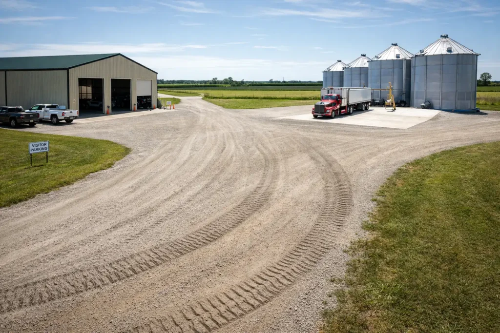 gravel yard loop with shop grain staging and truck turning