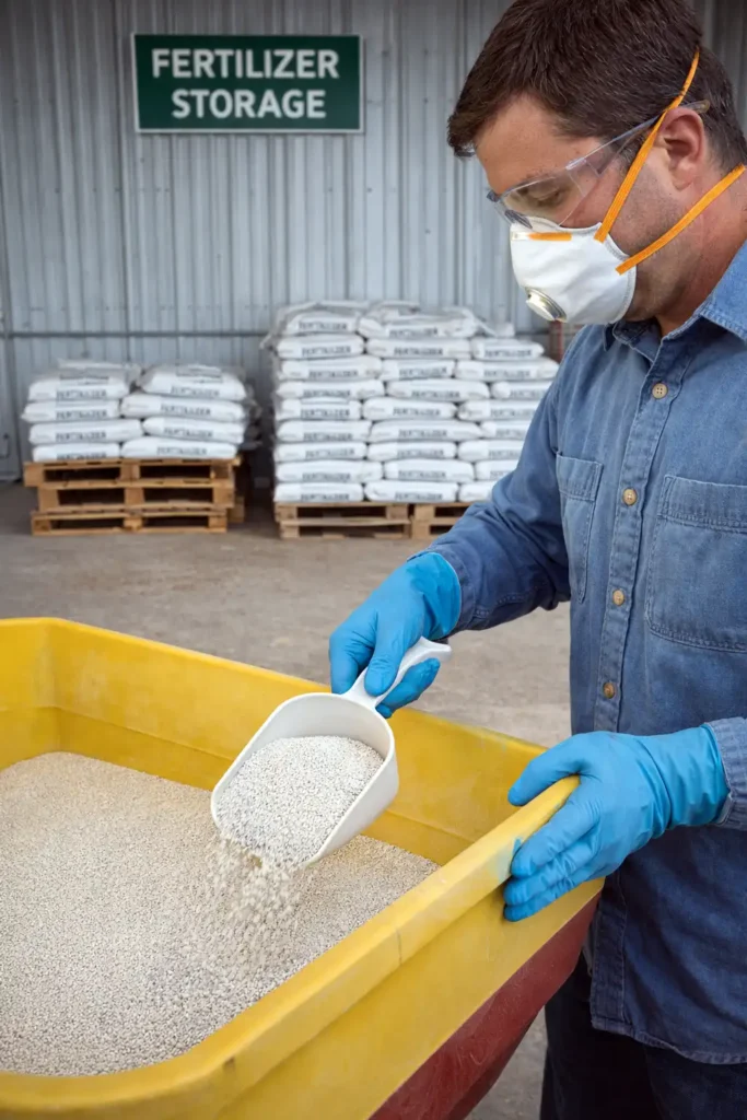 safe fertilizer handling with gloves and eye protection