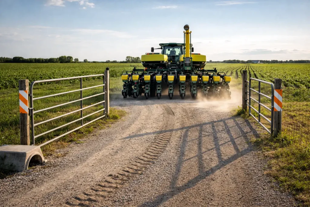 planter entering wide straight gate from farm lane