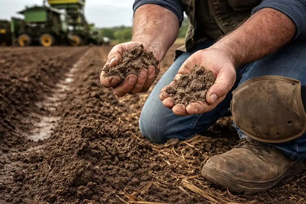hand squeezing soil to judge field fit