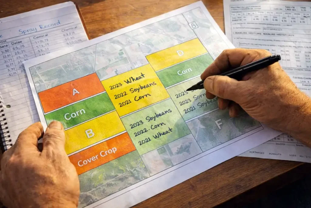 field map with crop history notes and colored markers
