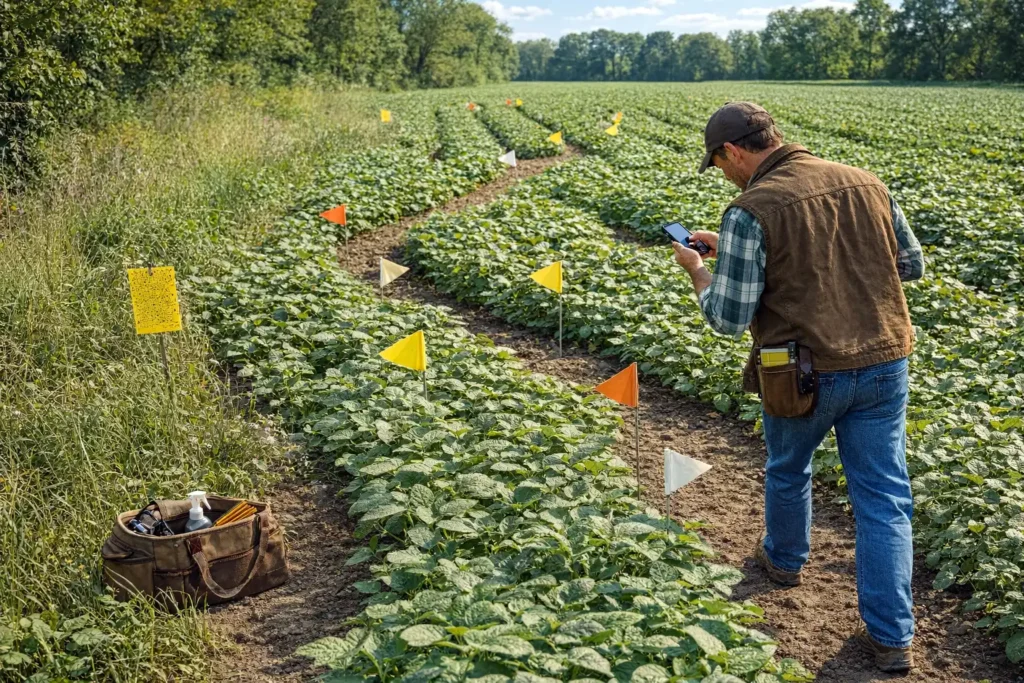 walking a scouting route and checking plant leaves