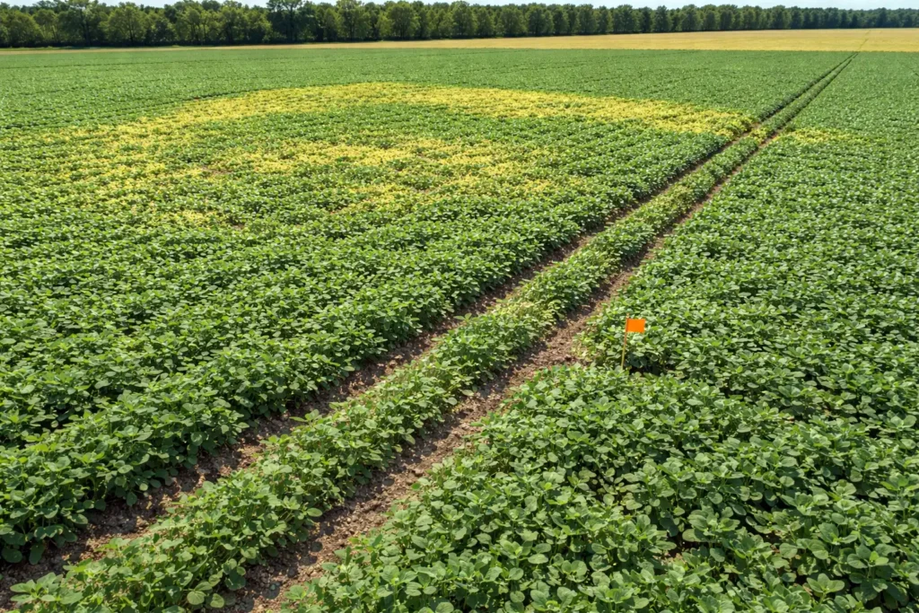 uneven crop color across knoll and low area from nutrient lockup