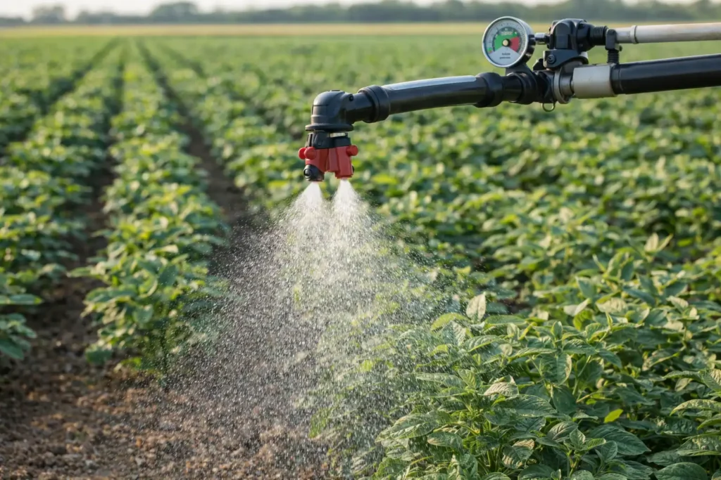 sprayer nozzle applying foliar nutrients on crop canopy