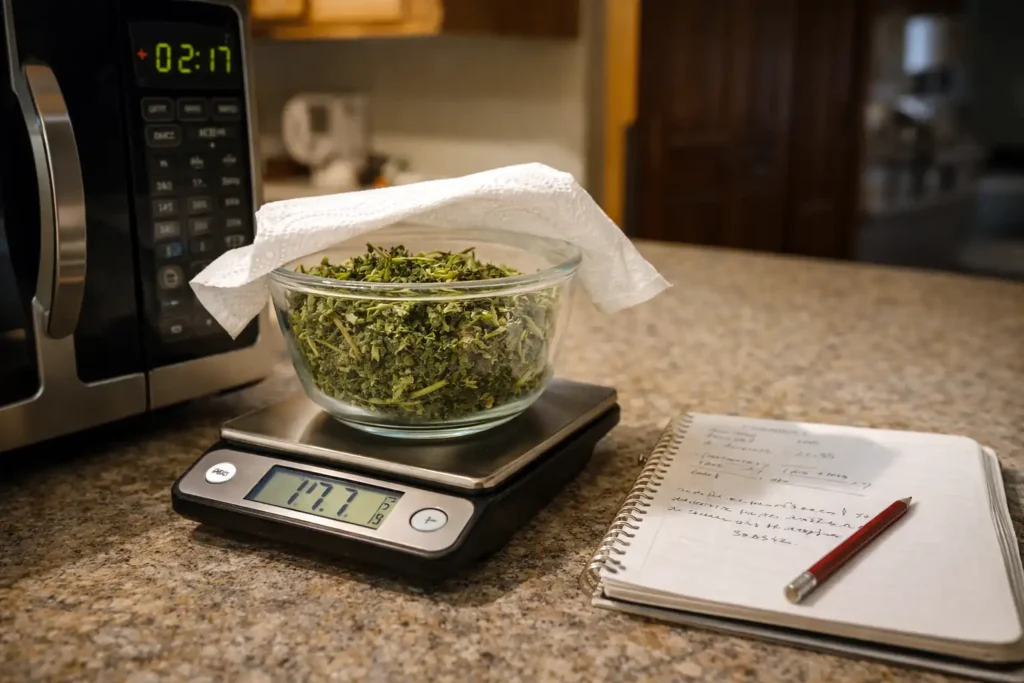 alfalfa dry matter test on scale in kitchen