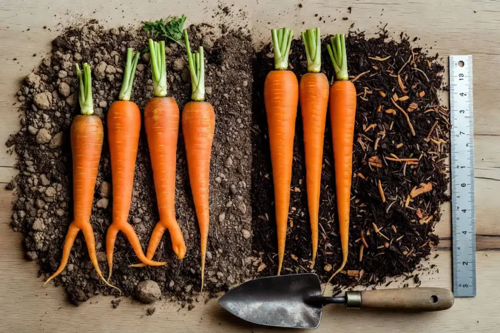 forked carrots beside rocky soil sample