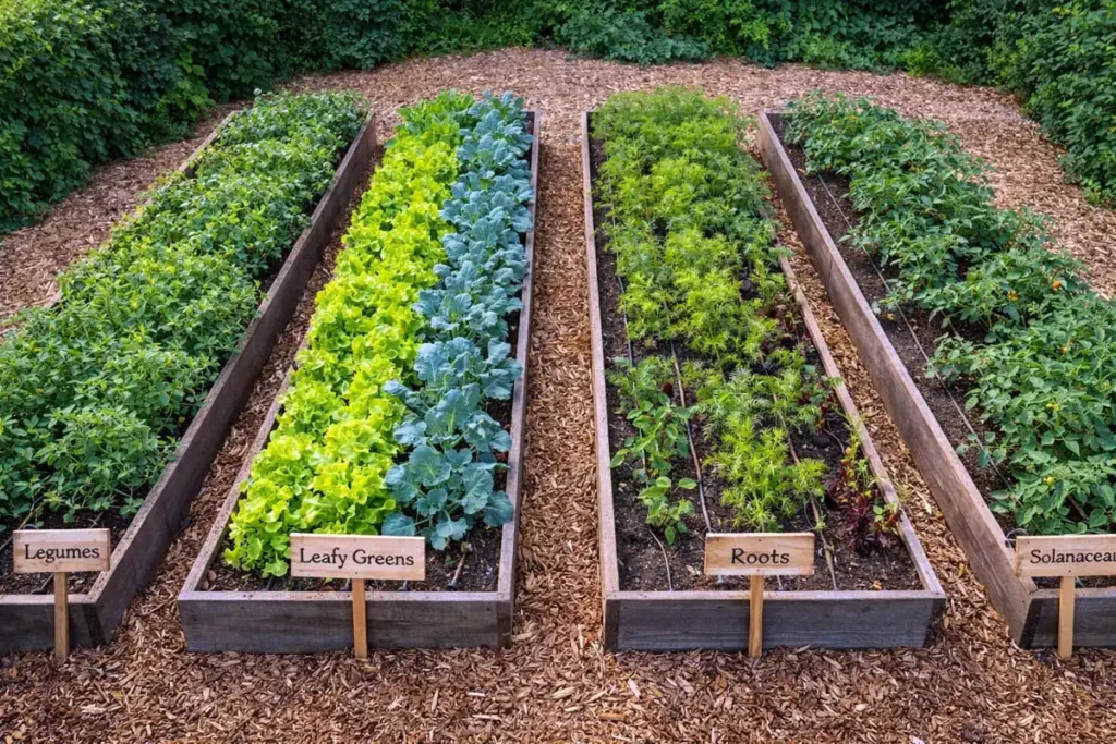 raised beds labeled by crop group with pathways and drip lines