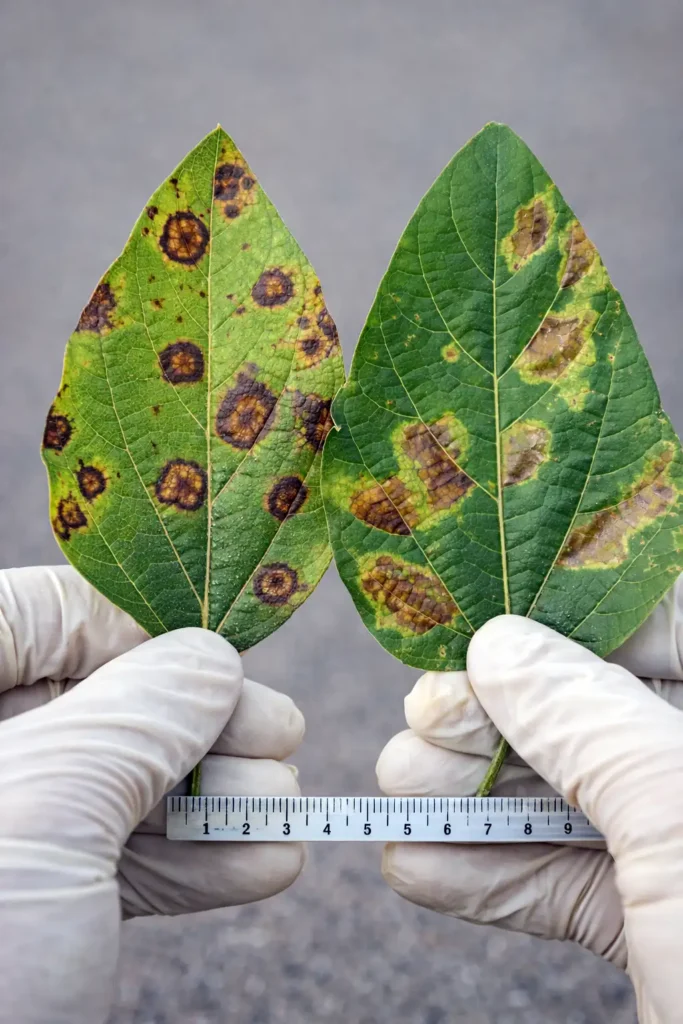 gloved hands comparing two diseased leaves