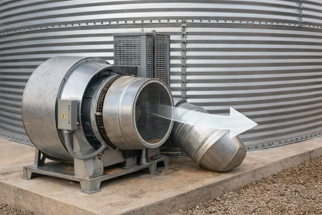 aeration fan setup on grain bin base with clean vents