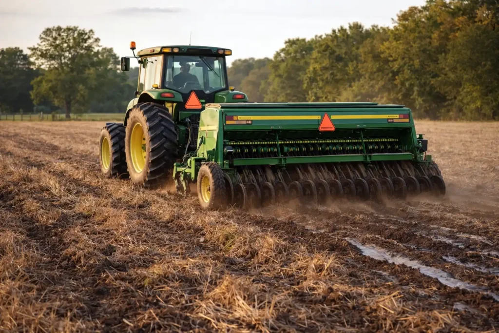 tractor pulling grain drill seeding fall cover