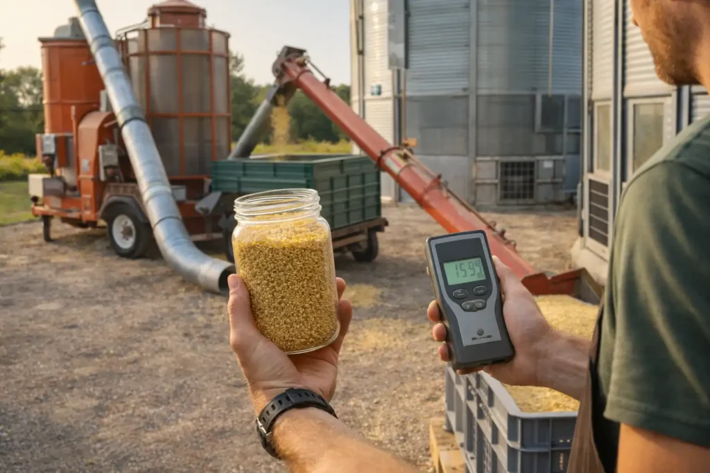 grain auger and dryer with clean grain sample