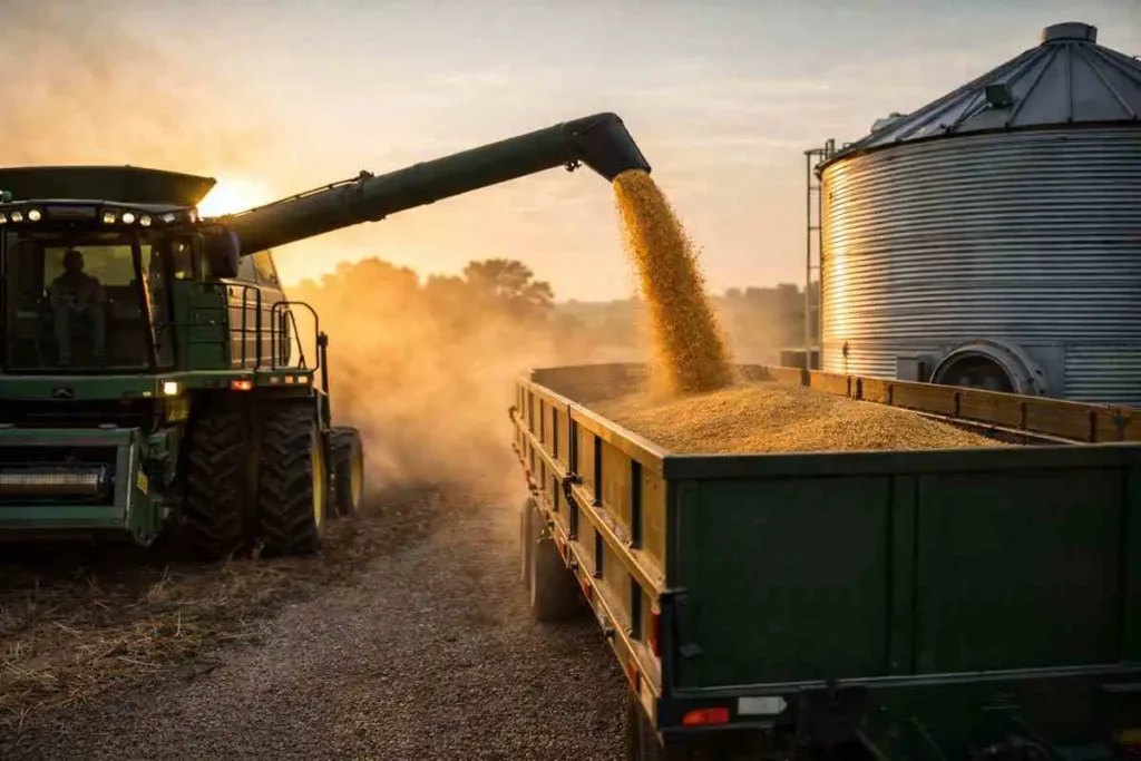 combine unloading grain with storage bin in background