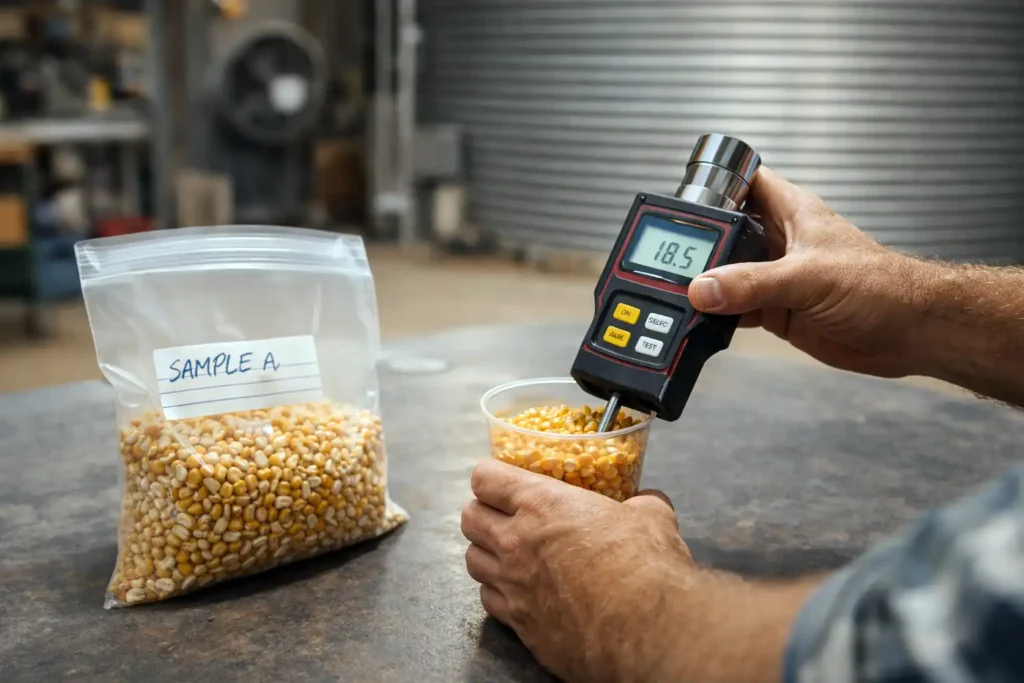 hands using moisture meter on corn sample
