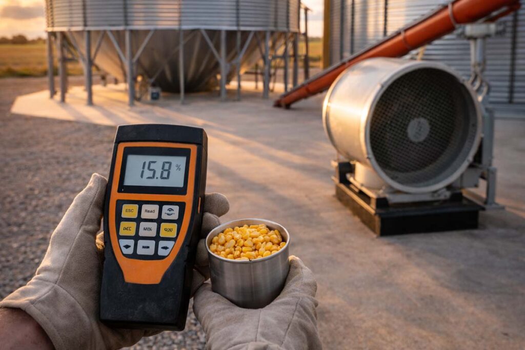 measuring corn moisture near a clean bin site