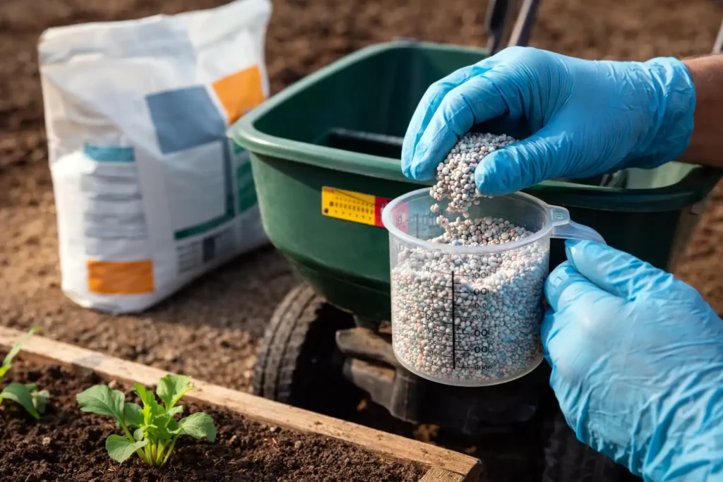 granular fertilizer being measured for field application