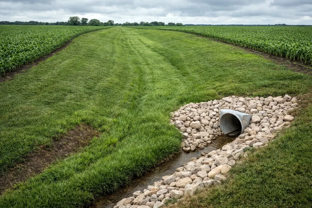 grassed waterway carrying runoff away from field edge