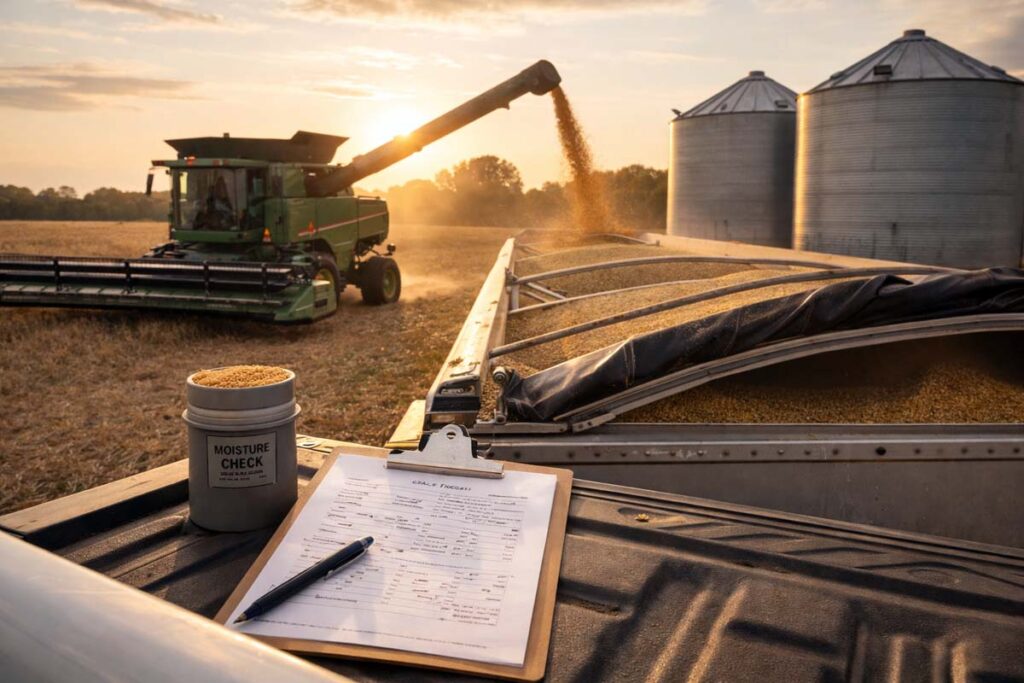 combine unloading grain near storage bins