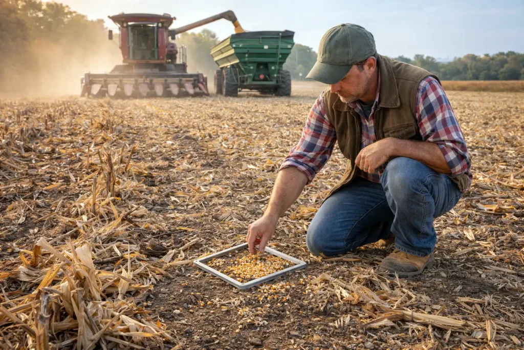 farmer checking grain loss behind combine