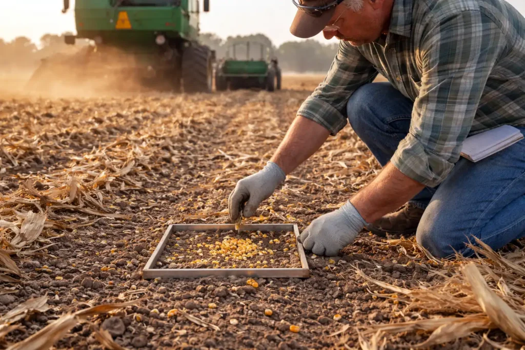 checking grain loss after harvest pass