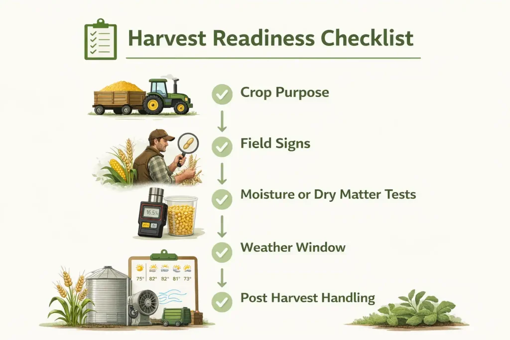 harvest readiness checklist with field signs and tests