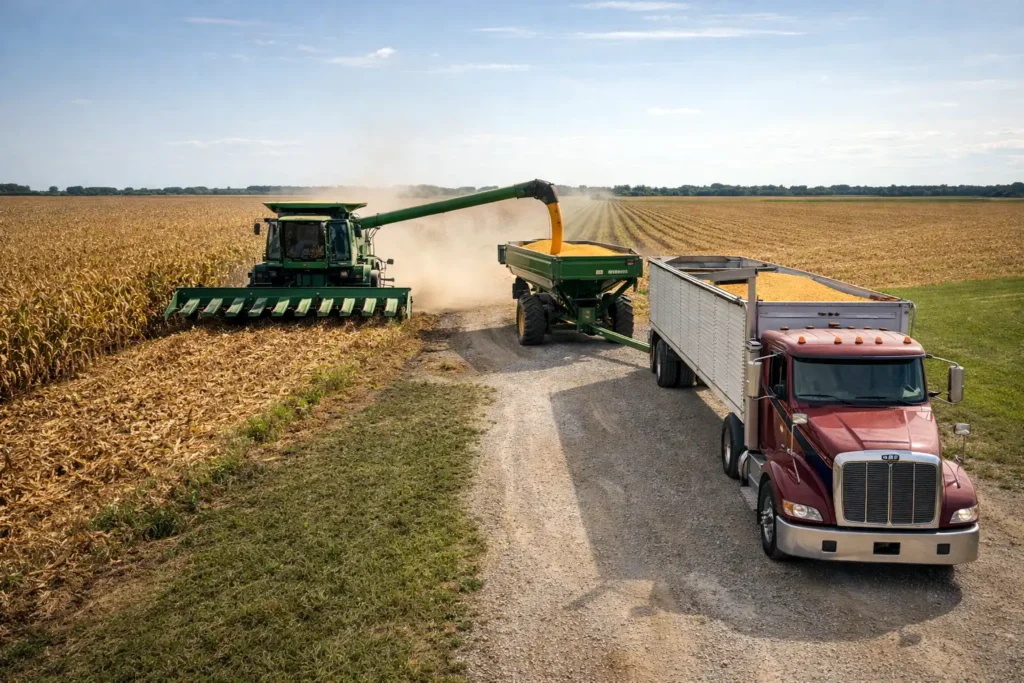 grain cart and truck staged on firm turnout near field entrance