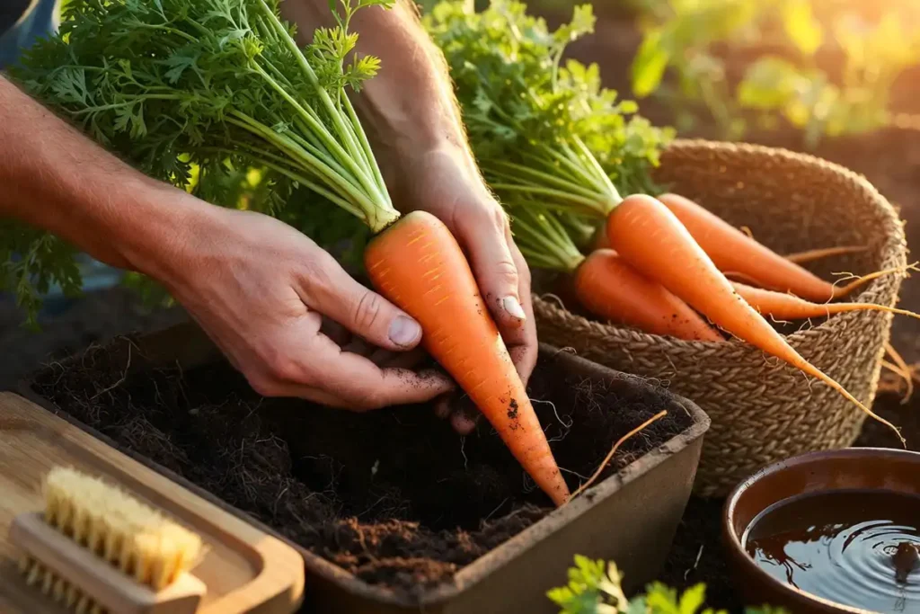 basket of carrots harvested from a planter