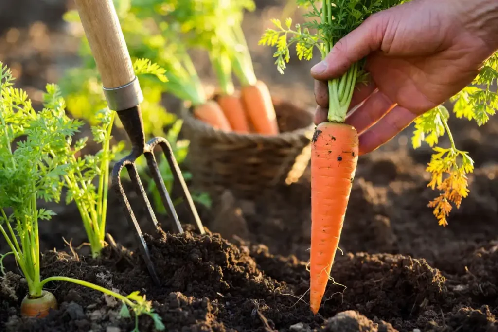 lifting carrots after loosening soil with fork