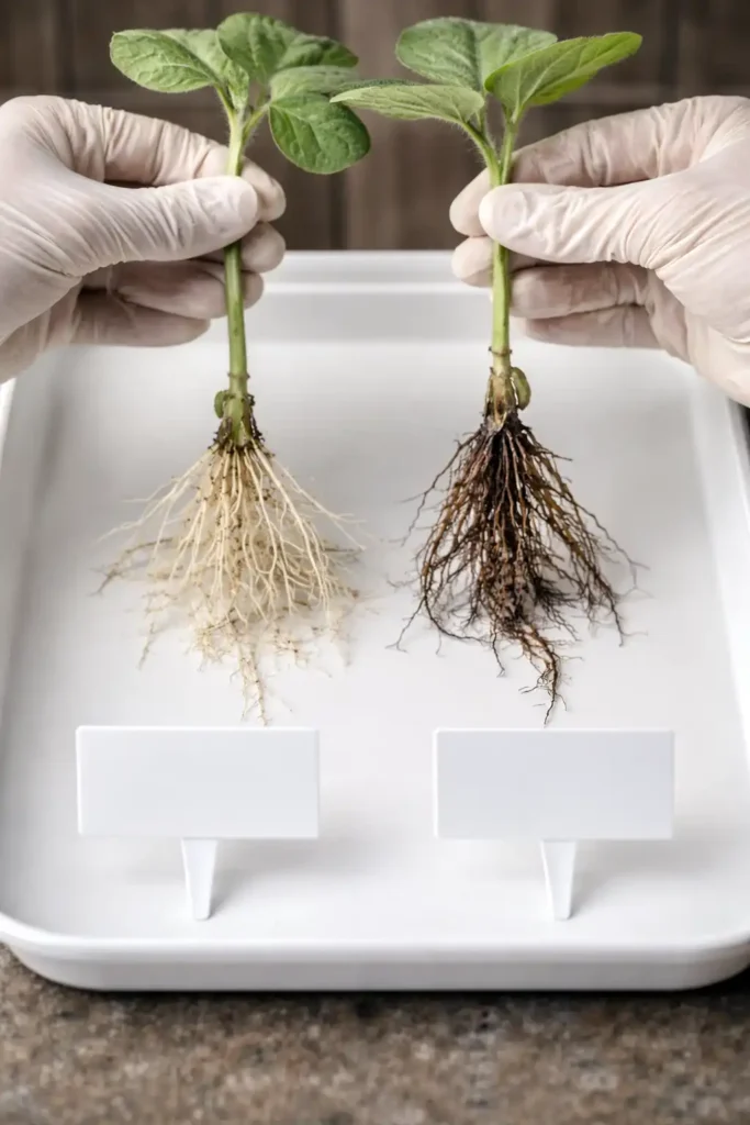 clean root comparison showing rot symptoms