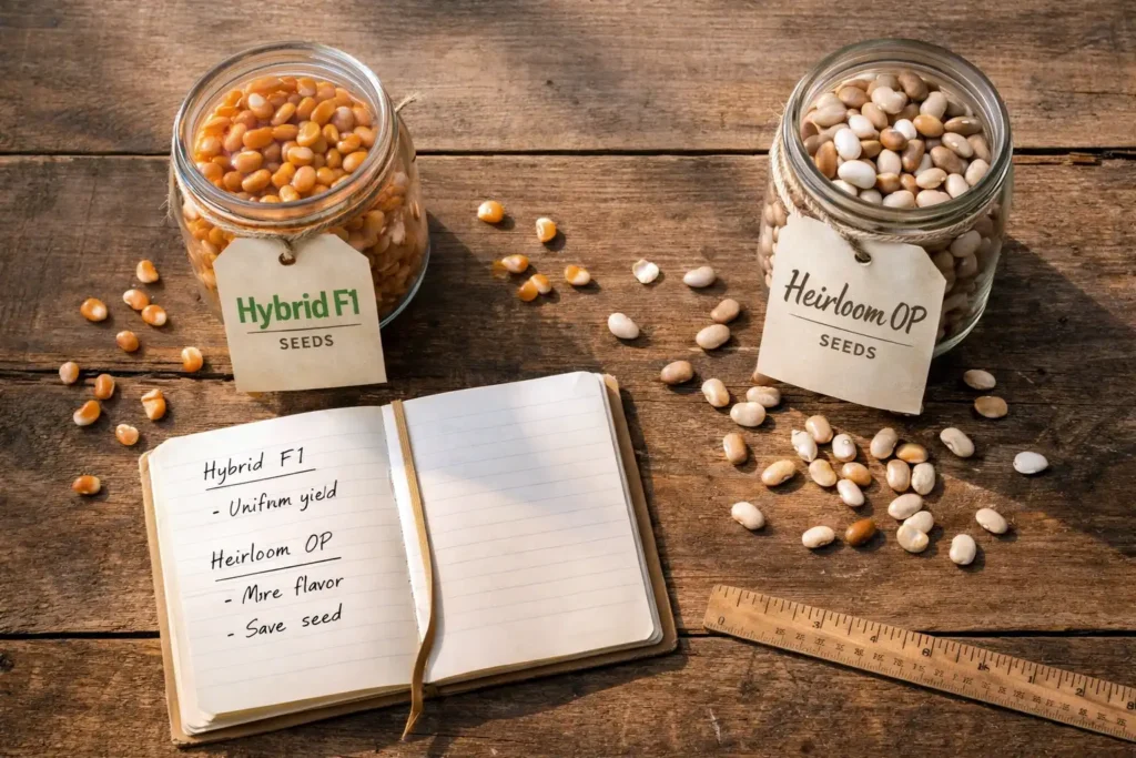 labeled jars of hybrid and heirloom seeds on wood table