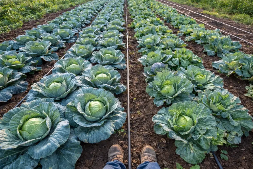 side by side crop rows showing uniform and mixed head sizes