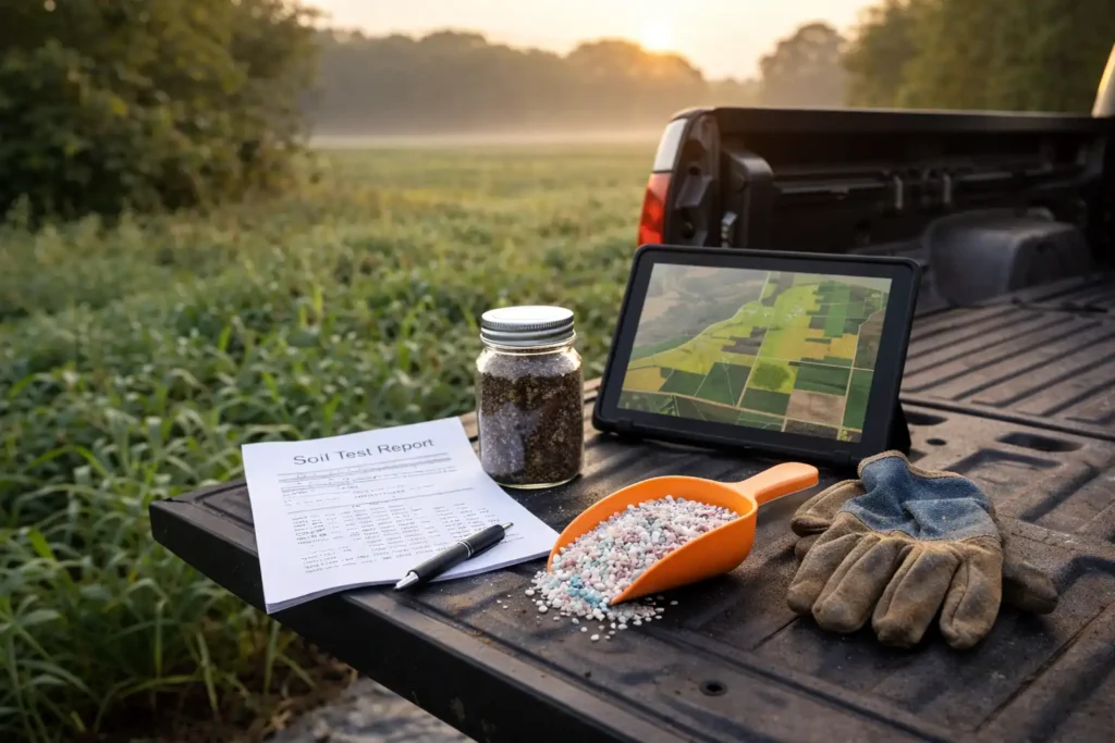 soil test results and fertilizer planning on a truck tailgate