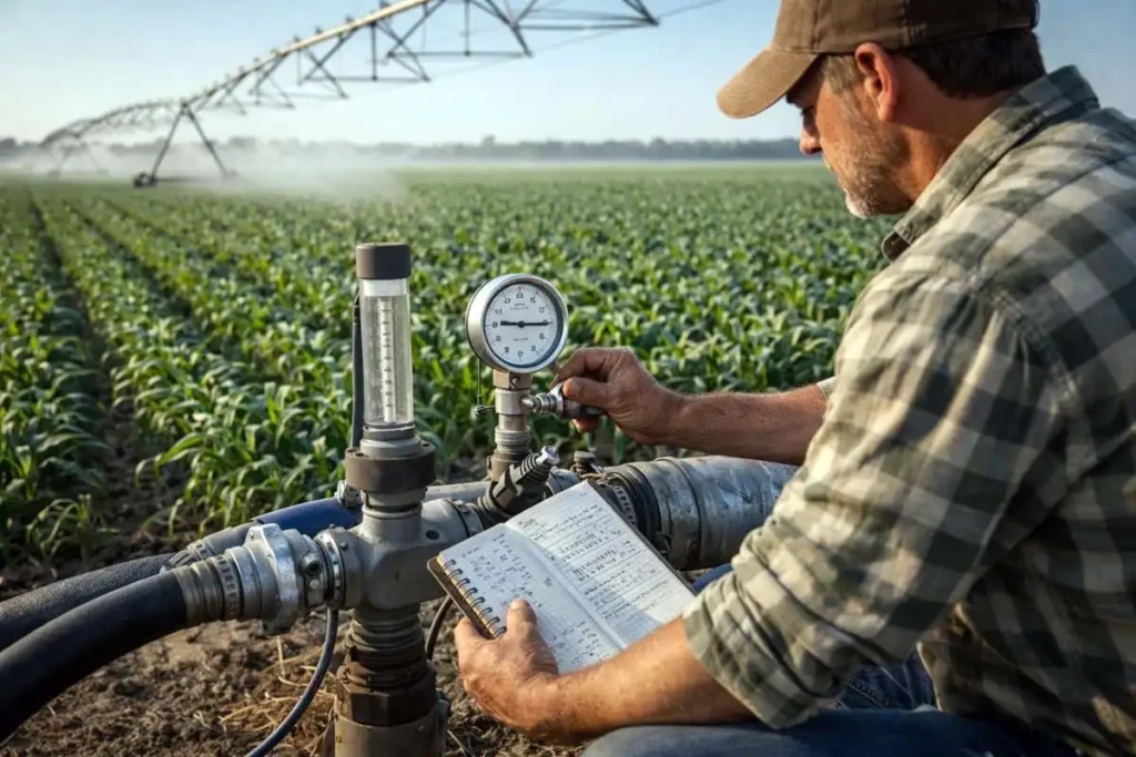 irrigation pivot and flow check in a crop field