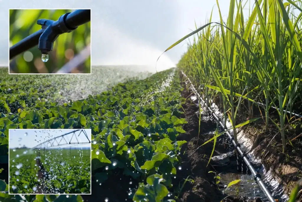 center pivot on beet field and drip lines in cane field
