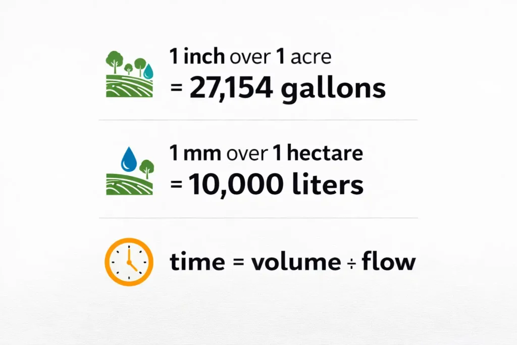 simple chart converting water depth to gallons and run time