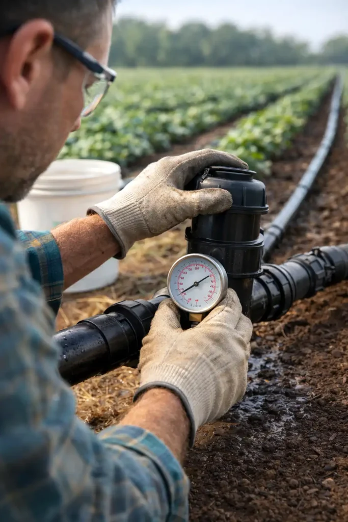 farmer checking pressure gauge and filter on irrigation line