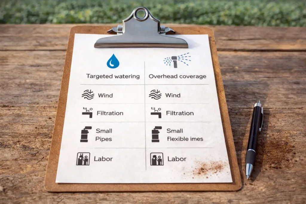 simple checklist comparing targeted watering and overhead coverage