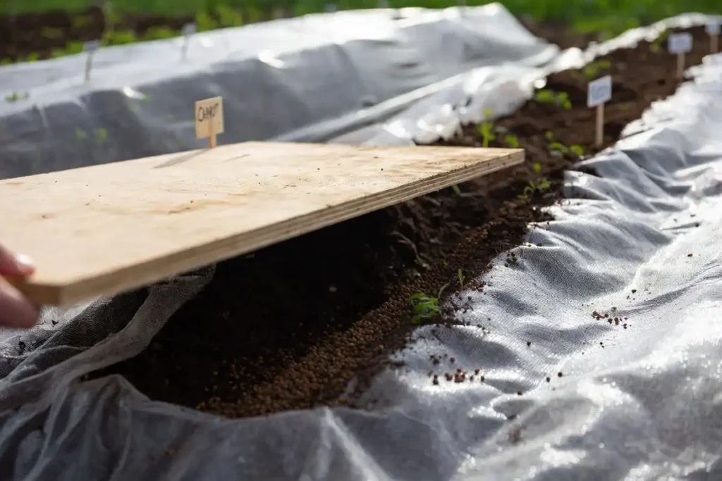 lifting board to check damp carrot seed row