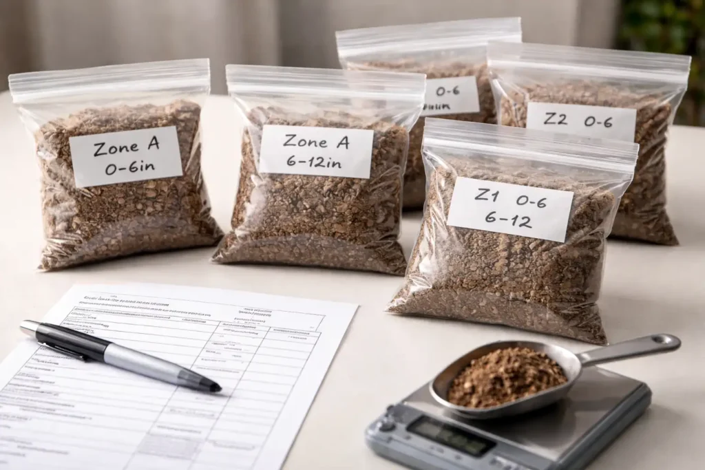 labeled soil sample bags with depth and field notes ready to ship