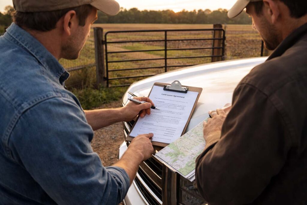 reviewing a simple farm lease at a field gate