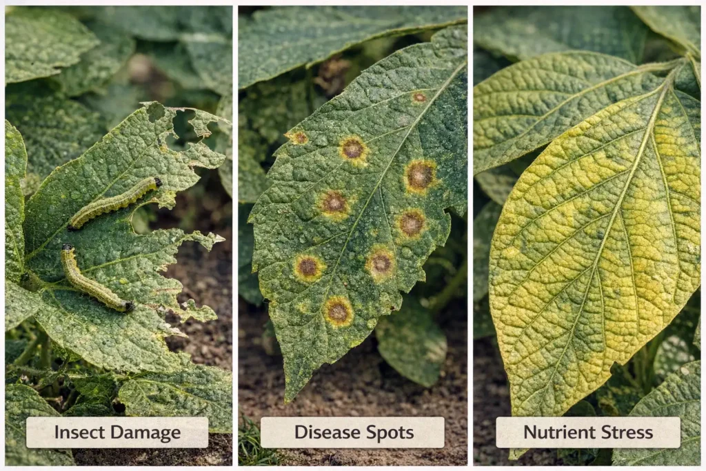 comparison of insect damage disease spot and stress