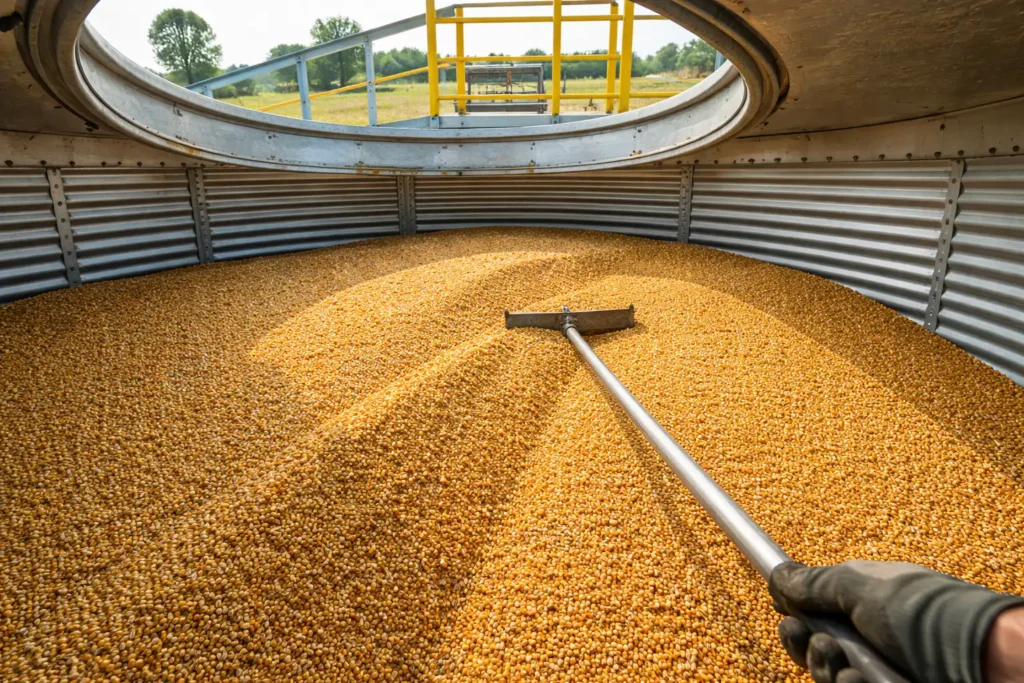 leveled grain surface in bin for better airflow