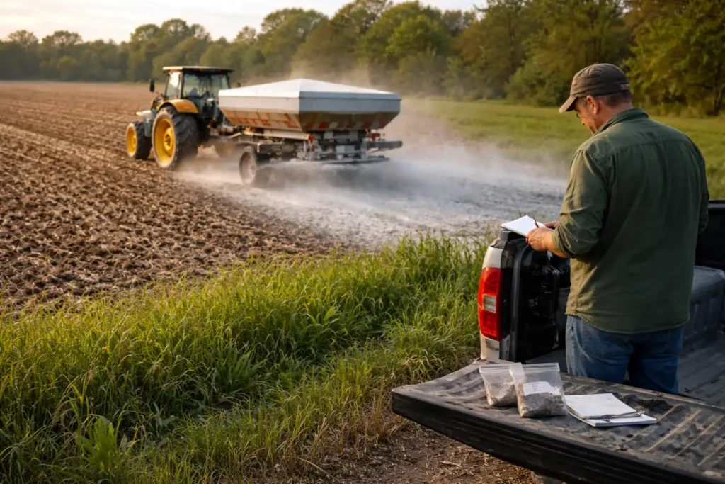 tractor applying lime to adjust soil pH