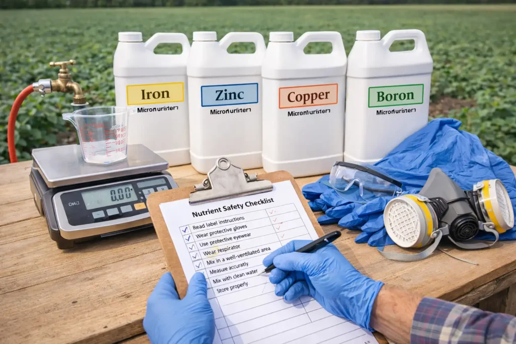 safety gear and measuring tools for mixing crop nutrients