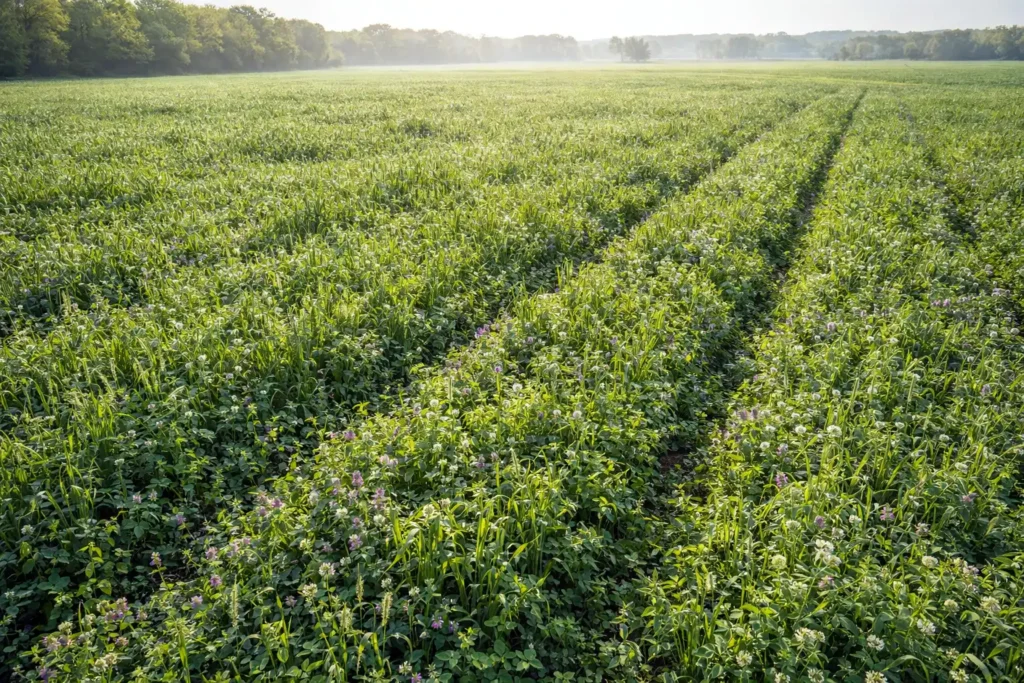 thick cover crop mix with rye and legumes in spring