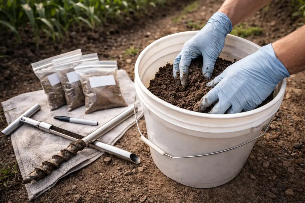 mixing soil cores in a clean plastic bucket for composite sample