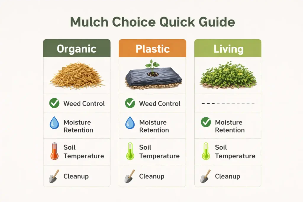 visual guide comparing mulch types for weeds moisture and soil