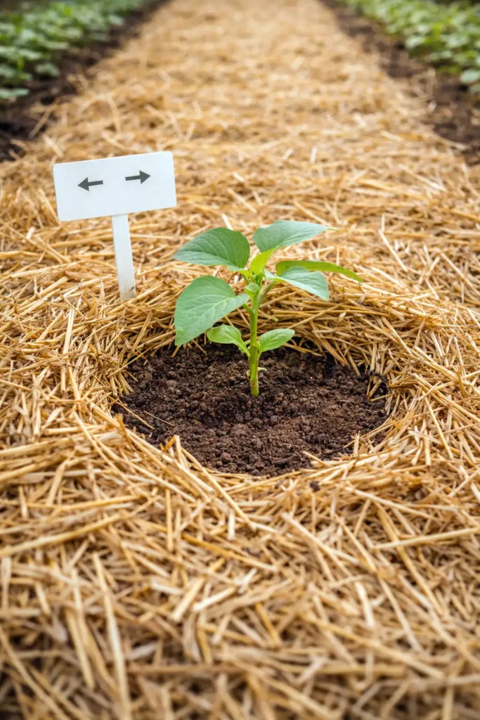 mulch pulled back from plant stems to prevent rot