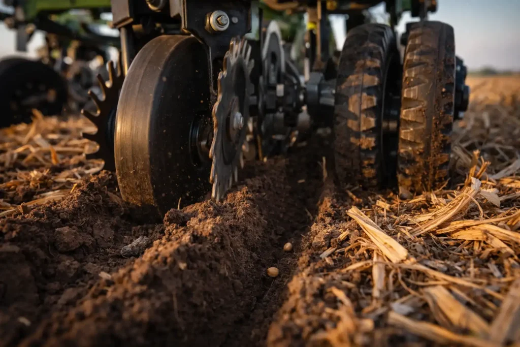 no till row unit placing seed into residue