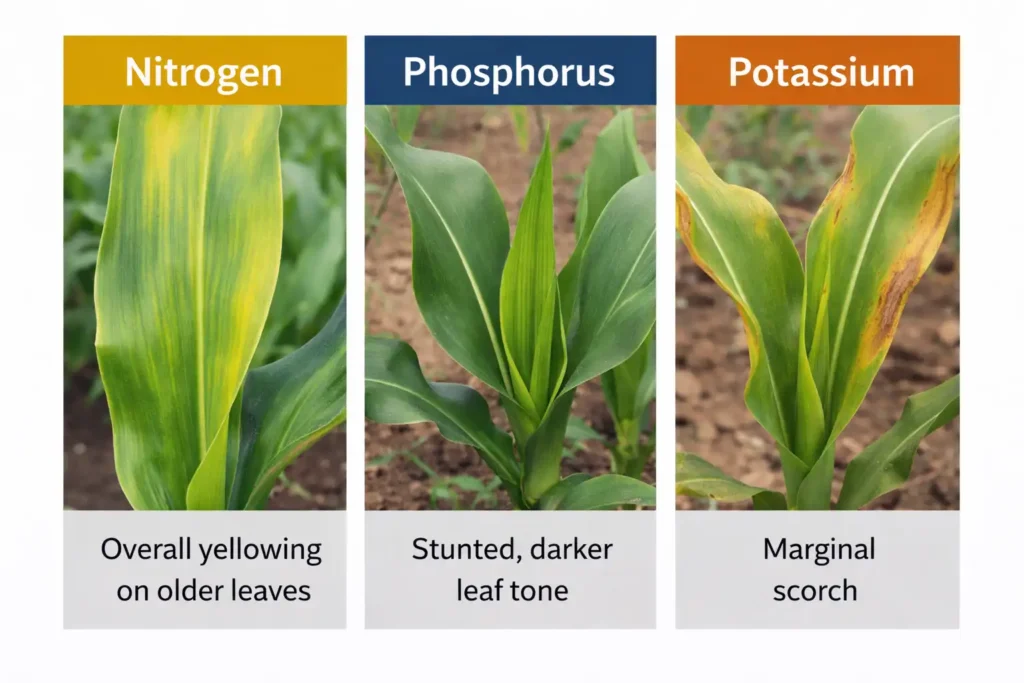 leaf symptom chart for nitrogen phosphorus potassium deficiency
